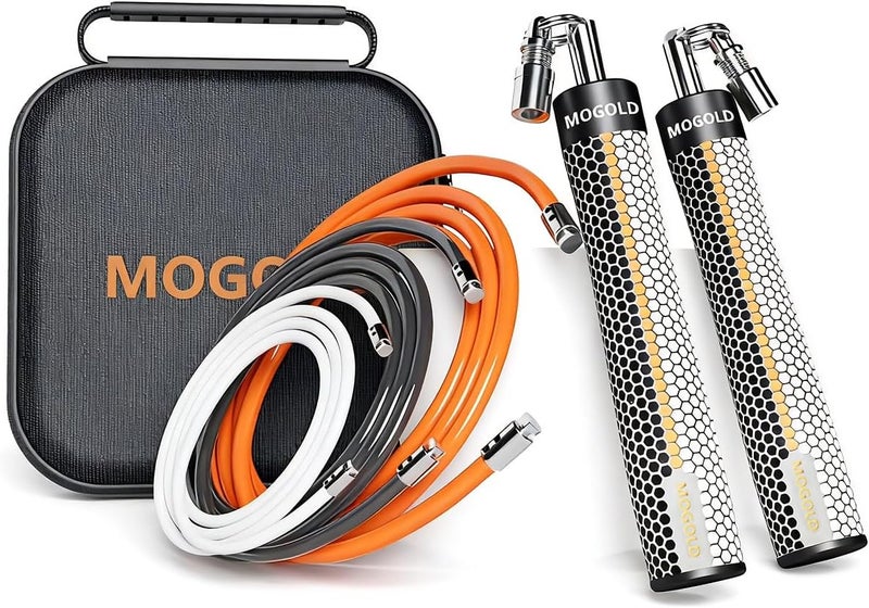 MOGOLD Weighted Jump Rope for Men Women -Interchangeable 1/5lb 1/4lb 1/2lb Heavy jump ropes - 360 Degree Spin - Length Adjustable,Ergonomics Leather Grip Skipping Rope for Fitness Weight Loss & More - Image 1